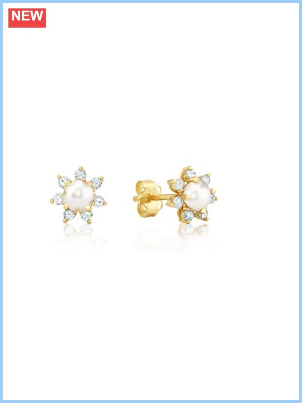 Solid 14K Gold 4MM Pearl Diamond Halo Stud Earrings